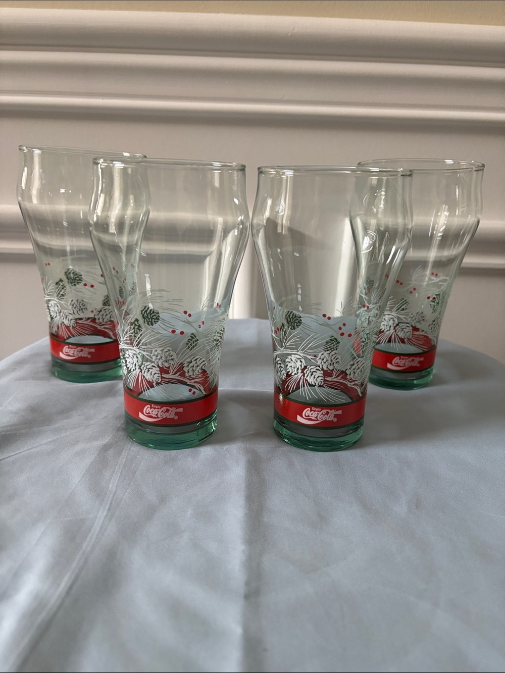 Coca Cola Clear Glass Tumblers with Red & Green Holiday Trim (Set of 4)